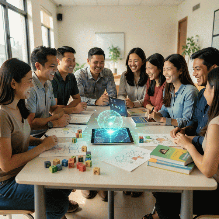 Orang tua dan guru Indonesia berkolaborasi menggunakan teknologi AI untuk menyusun materi belajar anak yang berkualitas di ruang kelas yang modern.