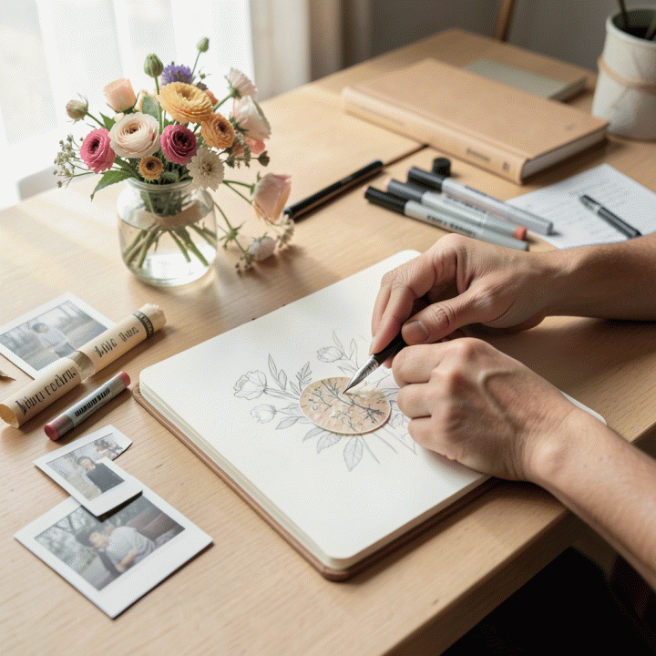 Set meja kerja yang estetis dengan elemen handmade seperti stiker, bunga kering, dan sketsa, menunjukkan proses desain grafis yang otentik.