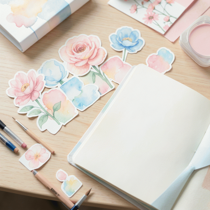 Flat lay foto estetika digital art dan perlengkapan kerajinan tangan modern yang terkurasi, menampilkan stiker digital premium dan ilustrasi abstrak di atas meja kayu.