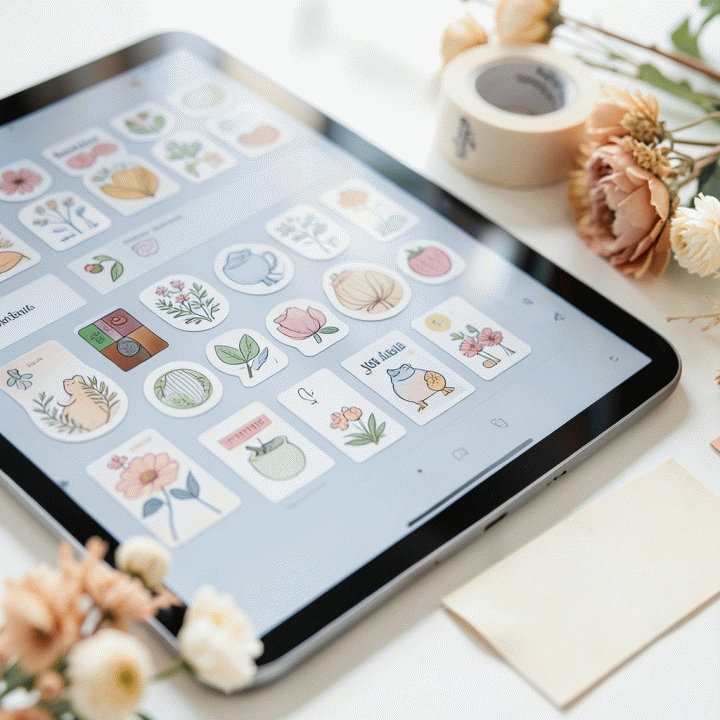 Tampilan close-up aset stiker digital dan elemen dekorasi di tablet, menunjukkan integrasi antara kreasi digital dan fisik.