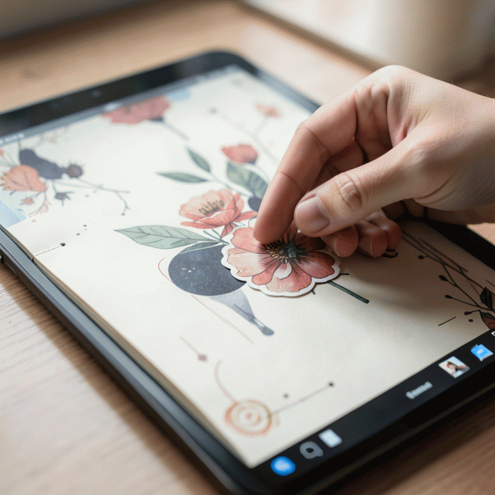 Tangan yang sedang menempelkan stiker digital ke halaman jurnal di iPad, menunjukkan proses peningkatan estetika konten.