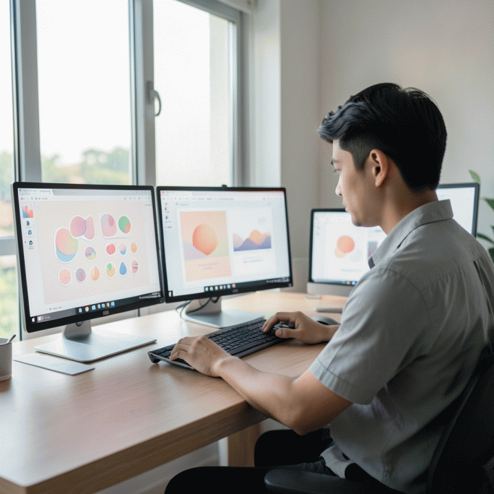 Seorang content creator muda Indonesia bekerja di meja kerja modern yang penuh dengan konsep desain digital estetik, menampilkan berbagai elemen stiker dan palet warna premium di layar monitor.