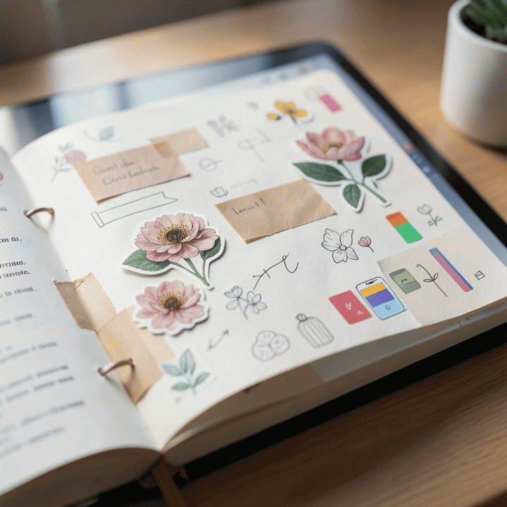 Halaman jurnal digital yang dihias dengan berbagai aset stiker premium, menampilkan kesan personal dan estetik.