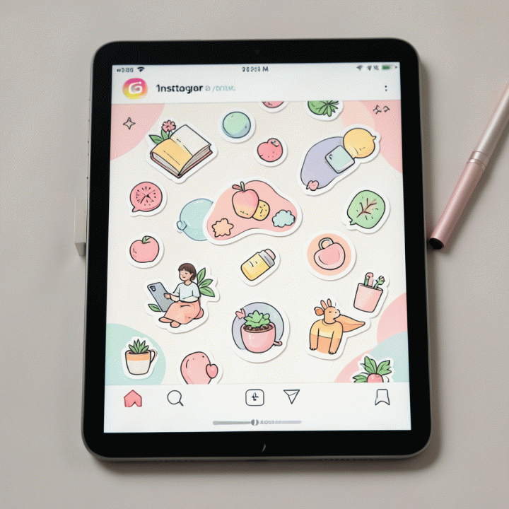 Contoh feed Instagram estetik yang dirancang menggunakan stiker digital premium, menunjukkan komposisi visual yang rapi dan menarik.