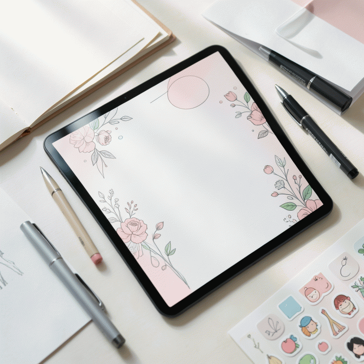 Ilustrasi jurnal digital yang estetik dan modern di tablet, dikelilingi oleh perlengkapan tulis dan stiker, menampilkan estetika minimalis tahun 2026.