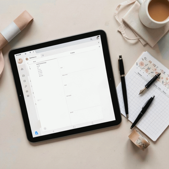 Tata letak meja kerja yang rapi untuk journaling digital, menampilkan tablet, pena, dan perlengkapan tulis yang estetik.