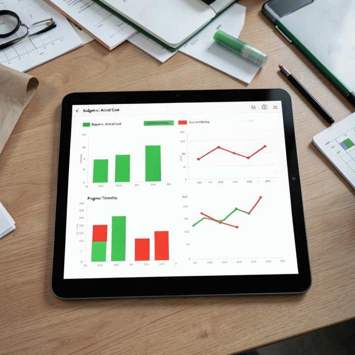 Tampilan dashboard proyek digital di tablet yang menunjukkan perbandingan biaya anggaran dan biaya aktual secara visual dengan grafik warna-kode.