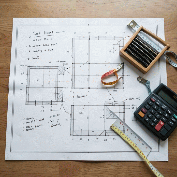 Detail rencana blueprint konstruksi dengan alat ukur dan catatan akuntansi yang tertata rapi, menggambarkan proses estimasi biaya awal proyek secara teliti.