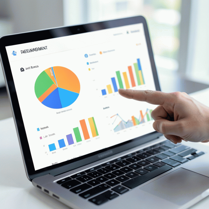 Tangan menunjuk dashboard proyek di laptop yang menunjukkan visualisasi progres dan grafik biaya yang mudah dipahami untuk memantau pengeluaran secara real-time.