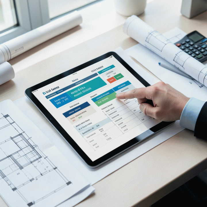 Seorang profesional di kantor modern sedang menganalisis estimasi biaya proyek konstruksi di tablet digital, menunjukkan perencanaan anggaran yang akurat dan terukur.