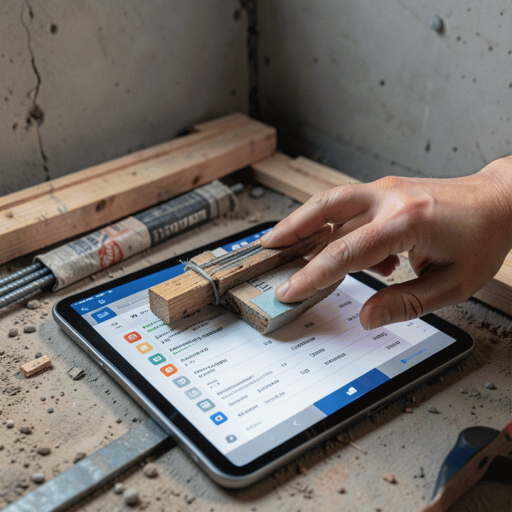 Proses pencatatan inventaris material konstruksi di lapangan menggunakan tablet untuk memastikan akurasi biaya.