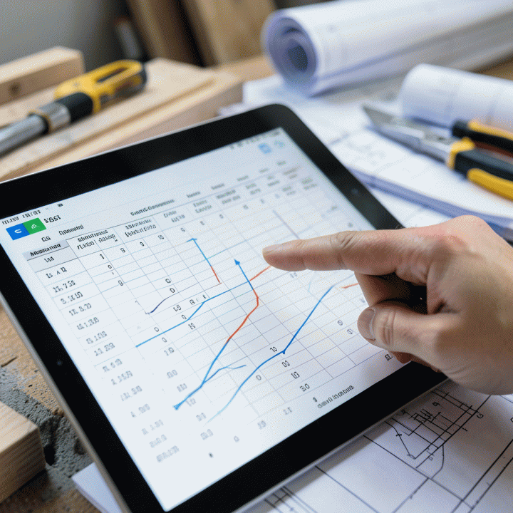 Tangan seorang manajer proyek menunjuk pada data rincian biaya dan pemantauan konsumsi material yang akurat di tablet digital, menunjukkan kontrol anggaran yang ketat.