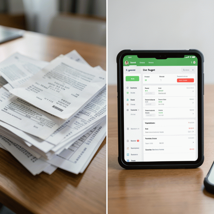 Perbandingan antara tumpukan dokumen keuangan proyek yang berantakan dengan antarmuka dashboard digital yang rapi, menunjukkan pemantauan progres dan biaya secara real-time.