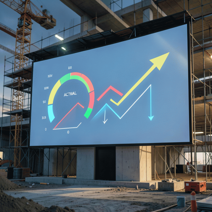 Visualisasi kontrol biaya proyek secara digital di lokasi konstruksi, menunjukkan perbandingan anggaran dan realisasi biaya.