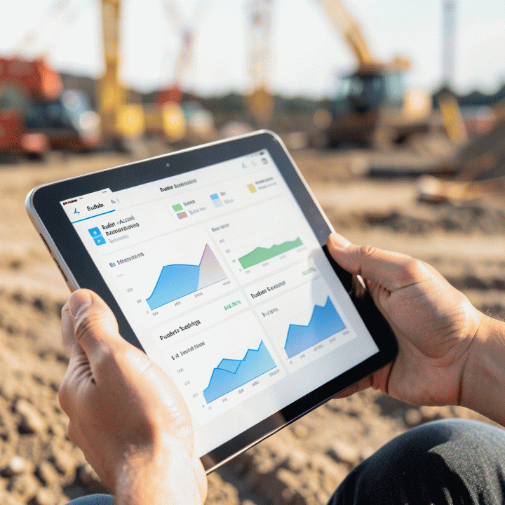 Tangan profesional sedang memantau dashboard digital progres dan anggaran proyek di lokasi konstruksi.