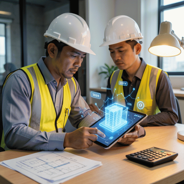 Seorang kontraktor Indonesia dengan helm putih sedang meninjau model 3D gedung dan grafik biaya abstrak di tablet di atas meja kerja, dengan denah dan kalkulator di sekitarnya, pencahayaan hangat, realistis.
