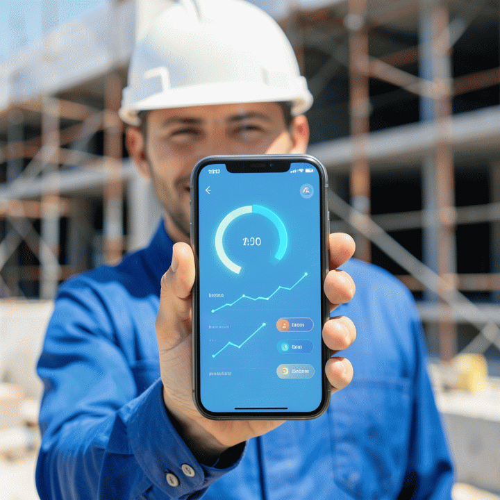 Pekerja konstruksi memegang smartphone yang menampilkan dasbor pemantauan proyek abstrak dengan indikator kemajuan dan bagan garis tanpa teks terbaca, di lokasi konstruksi dengan perancah di latar belakang.