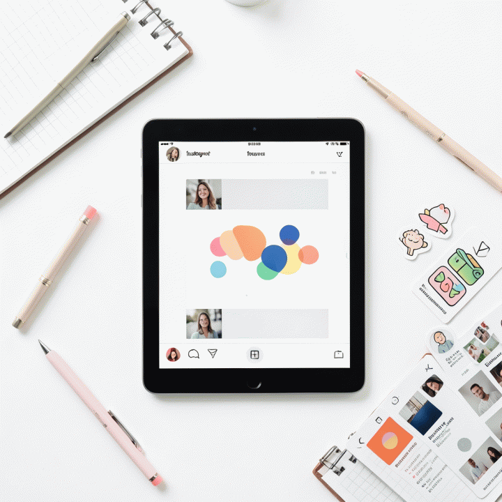 Penataan flat lay meja kerja kreatif dengan tablet yang menampilkan desain Instagram, menunjukkan proses kreasi konten yang estetik.