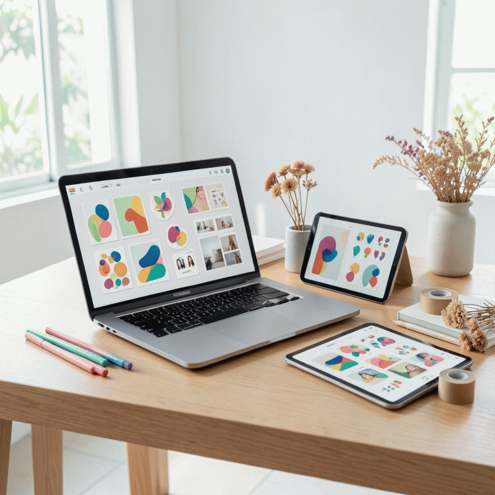 Meja kerja minimalis dan estetik seorang content creator yang menampilkan laptop dengan desain digital, tablet dengan stiker virtual, dan perlengkapan kerajinan fisik, menunjukkan perpaduan kreativitas digital dan fisik.