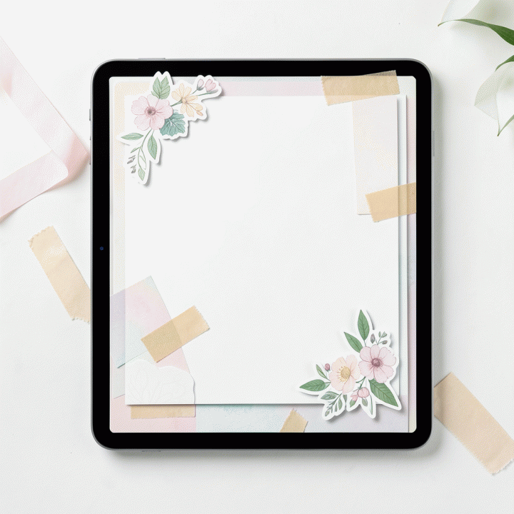 Tampilan jurnal digital (mockup) yang dipercantik dengan berbagai stiker digital, menunjukkan cara mengaplikasikan aksen dekoratif pada konten perencanaan.