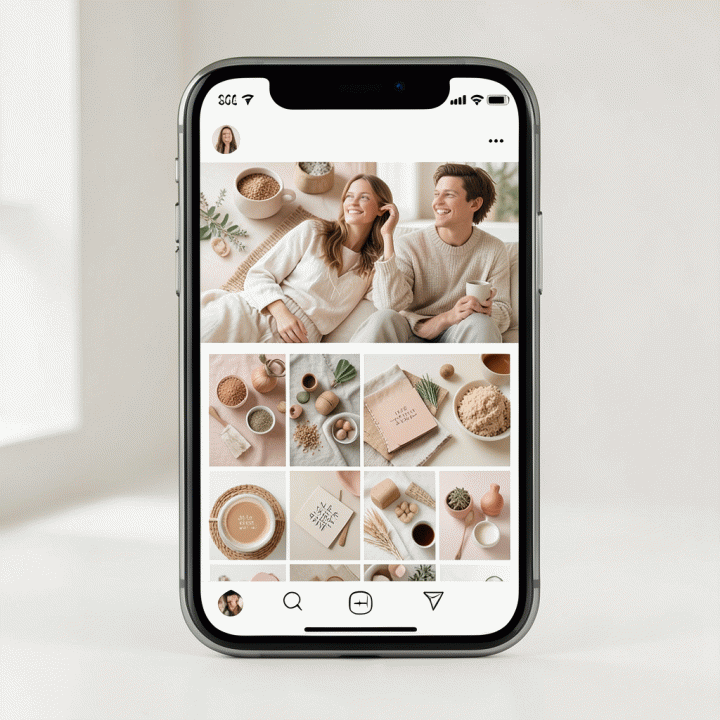 Ilustrasi feed Instagram yang sangat estetik dan konsisten, menunjukkan harmoni warna dan gaya visual di tampilan smartphone.