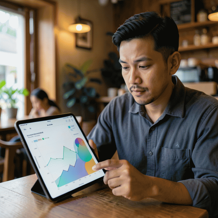 Pemilik F&amp;B sedang menganalisis data keuangan di tablet, menentukan strategi harga jual optimal untuk bisnisnya.
