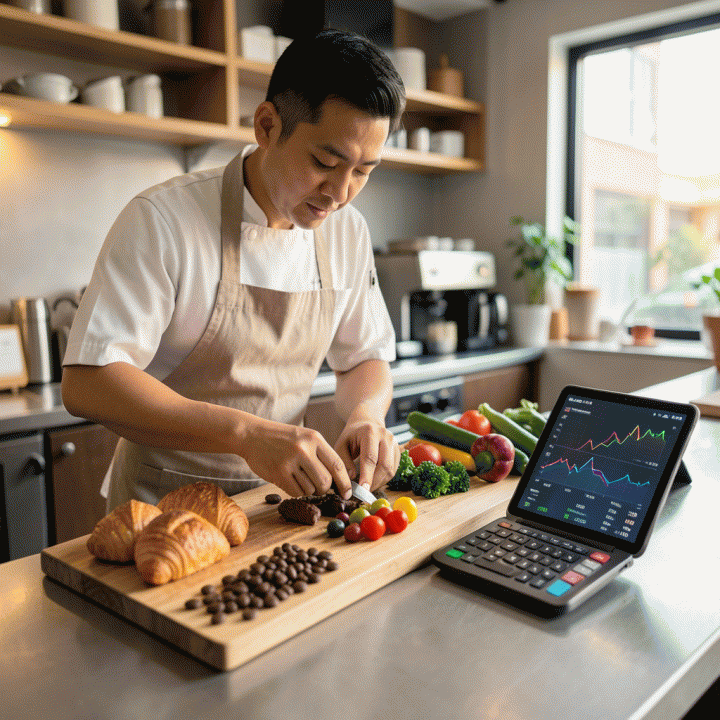 Pemilik kafe atau restoran sedang menghitung biaya bahan baku di meja dapur yang modern, menunjukkan pentingnya manajemen biaya (food cost) untuk menentukan harga jual yang optimal.