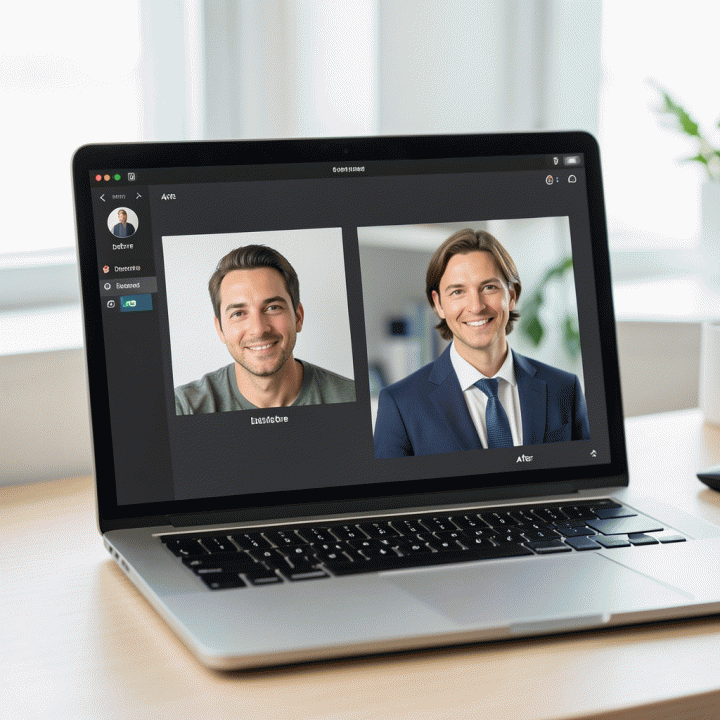 Tampilan layar laptop yang membandingkan foto selfie biasa dengan foto profil korporat yang sangat profesional, menunjukkan transformasi AI.
