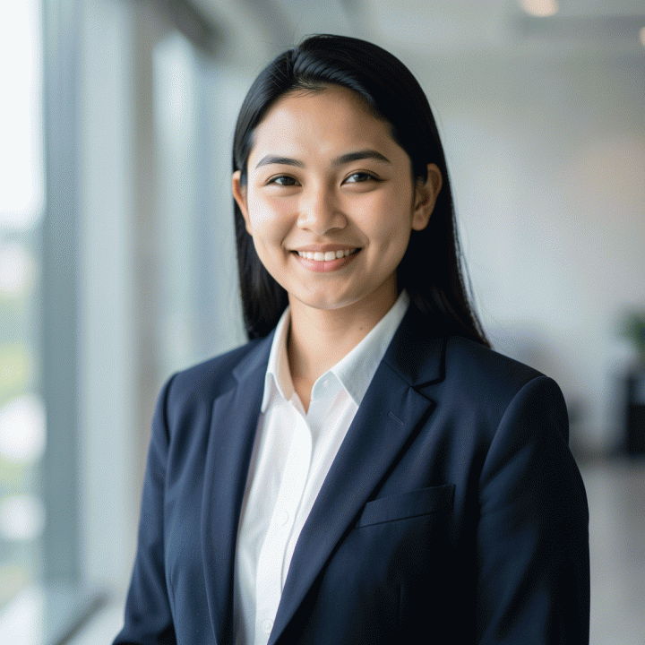 Foto profil korporat profesional Indonesia yang menunjukkan kepercayaan diri di latar belakang kantor modern.