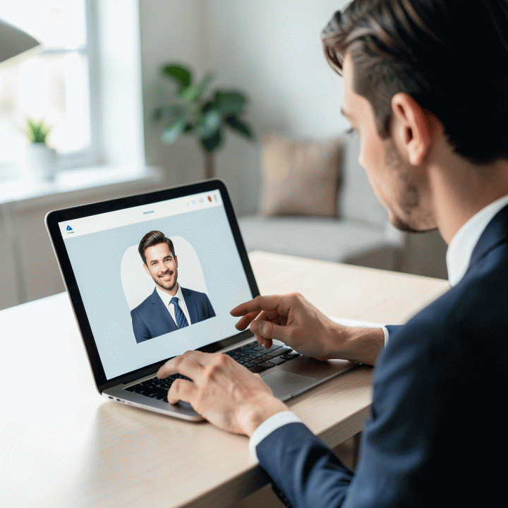 Seseorang sedang meninjau foto profil korporat profesional di layar digital, menunjukkan kemudahan penggunaan tools AI.