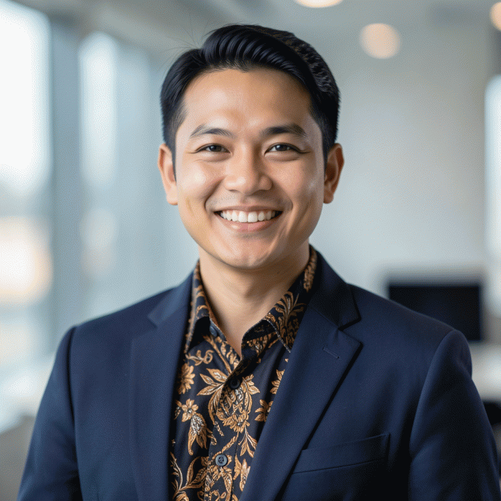 Foto profil profesional sinematik seorang pekerja kantoran Indonesia yang tersenyum percaya diri, mengenakan pakaian formal, dengan latar belakang buram minimalis.
