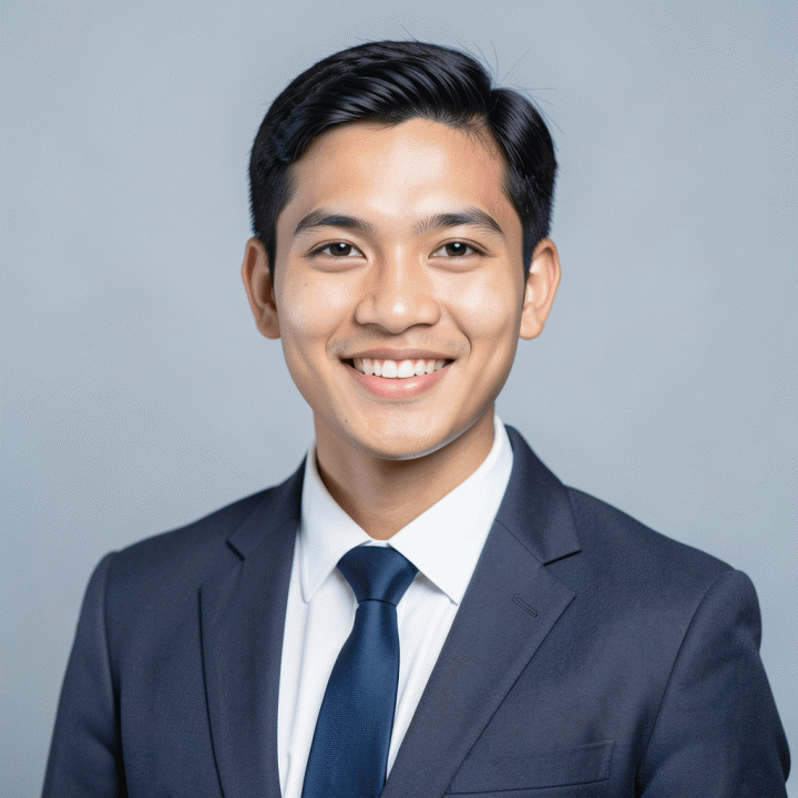 Contoh foto CV profesional dengan latar belakang polos dan pencahayaan studio yang sempurna.