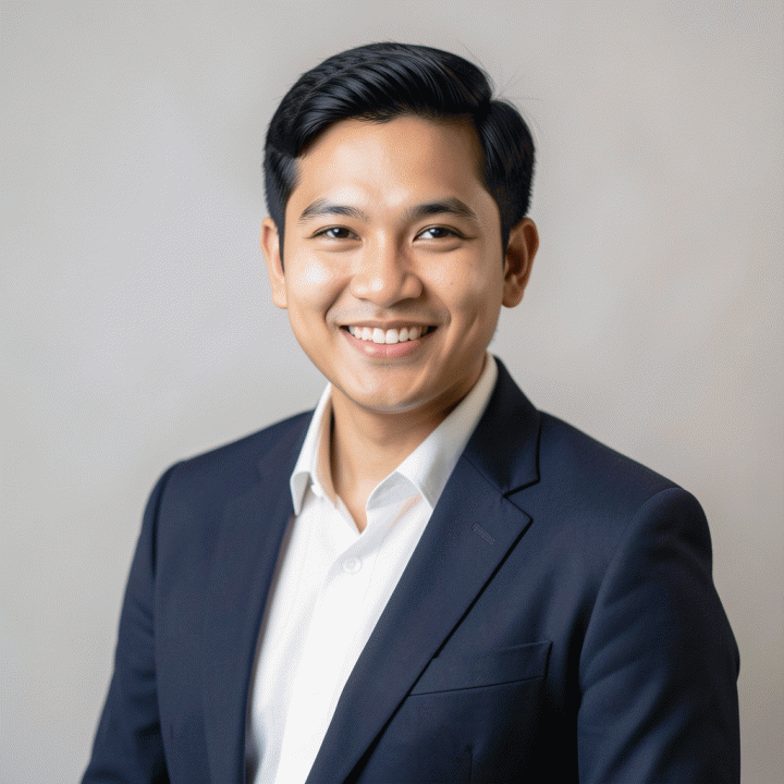 Foto studio profesional bergaya korporat dari seorang profesional muda Indonesia, menunjukkan ekspresi percaya diri dan siap kerja, dengan latar belakang netral.