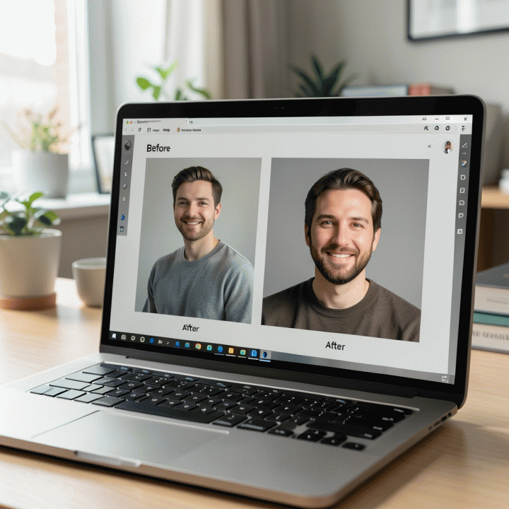 Perbandingan foto selfie kasual sebelum dan foto profesional setelah menggunakan alat AI, ditampilkan di layar laptop.