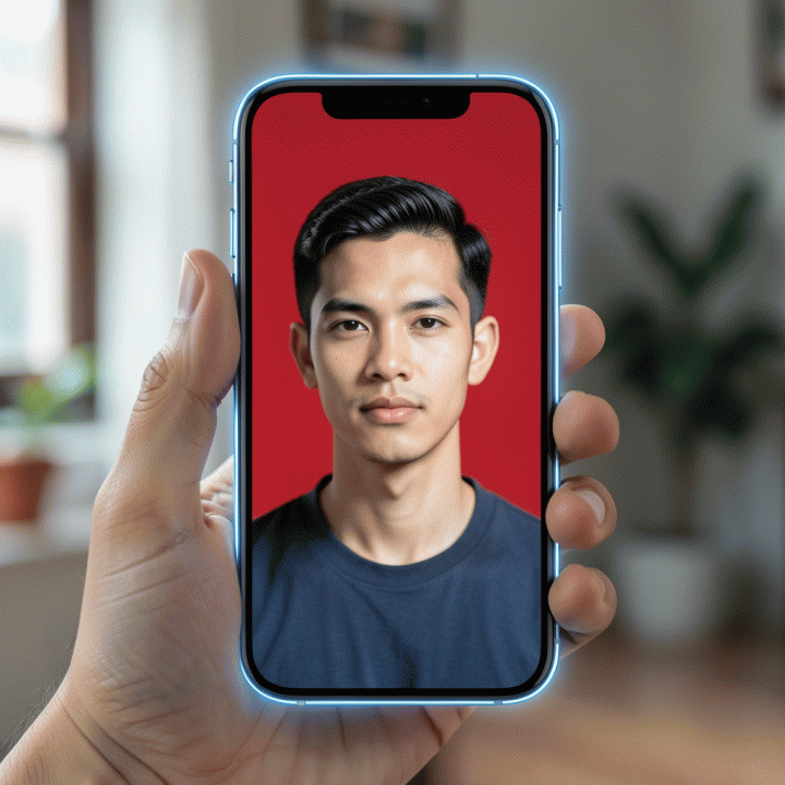 Smartphone menampilkan hasil foto profesional AI dengan latar merah.