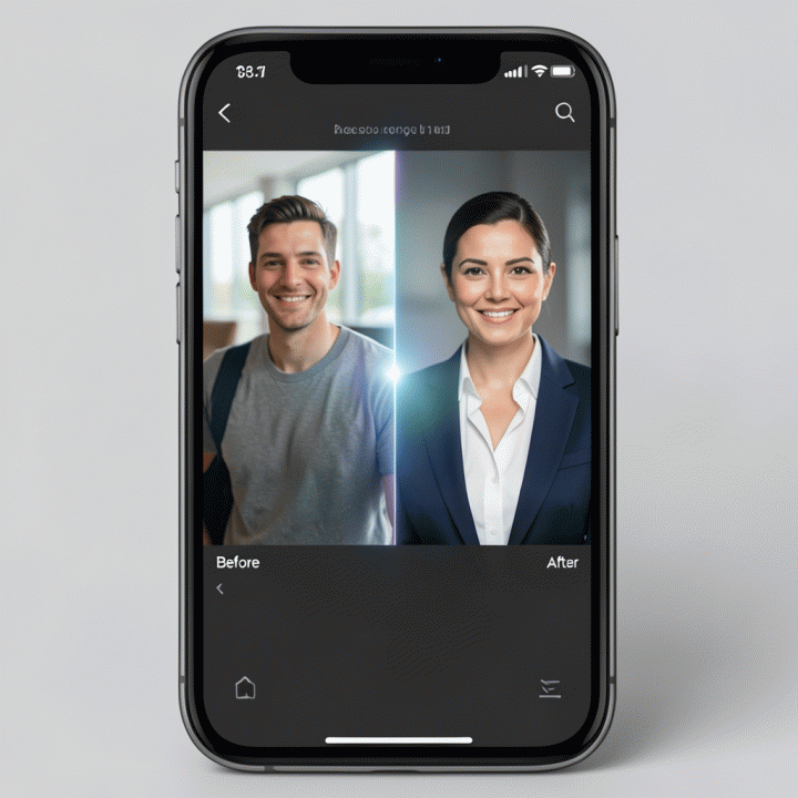 Tampilan perbandingan foto selfie biasa dengan foto profil profesional yang diubah menggunakan aplikasi AI di smartphone.
