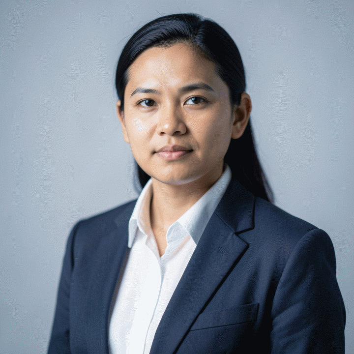 Foto profil profesional AI dari seorang pekerja Indonesia yang mengenakan setelan bisnis, latar belakang netral, terlihat percaya diri.