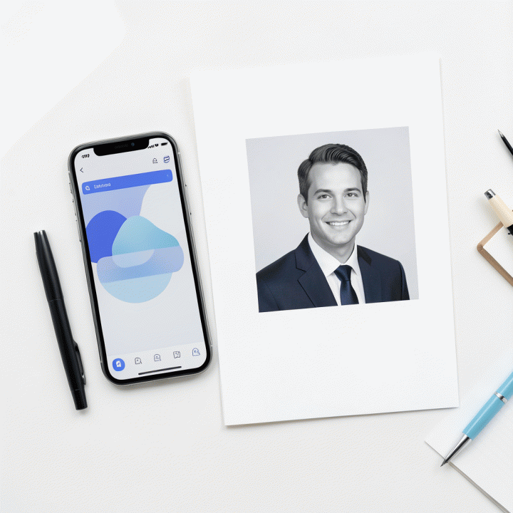 Komposisi flat lay yang menunjukkan ponsel pintar dan hasil cetak foto CV profesional, melambangkan kemudahan mendapatkan foto kerja.