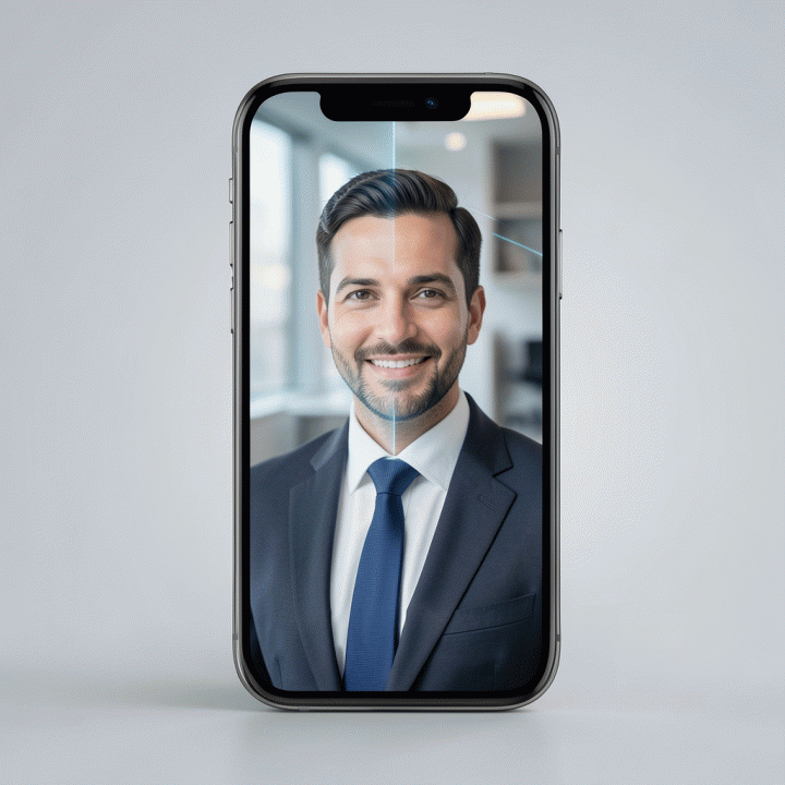 Ilustrasi konseptual penggunaan AI untuk mengubah foto selfie biasa menjadi foto profesional standar korporat.