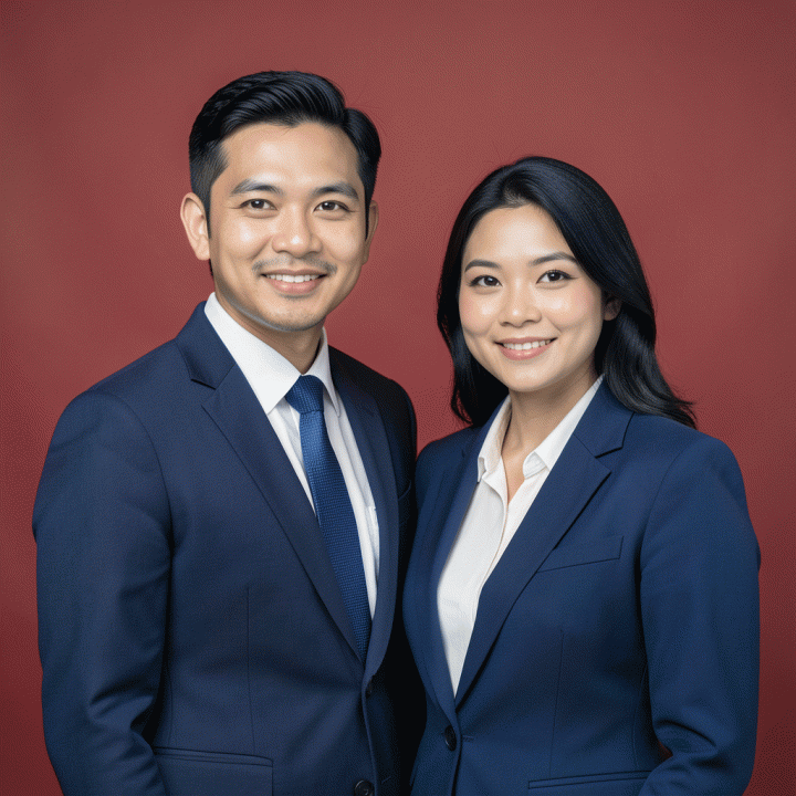 Foto studio profesional seorang pria dan wanita Indonesia dalam setelan bisnis, berpose di depan latar belakang warna solid merah atau biru, menyerupai foto CV standar pemerintah.