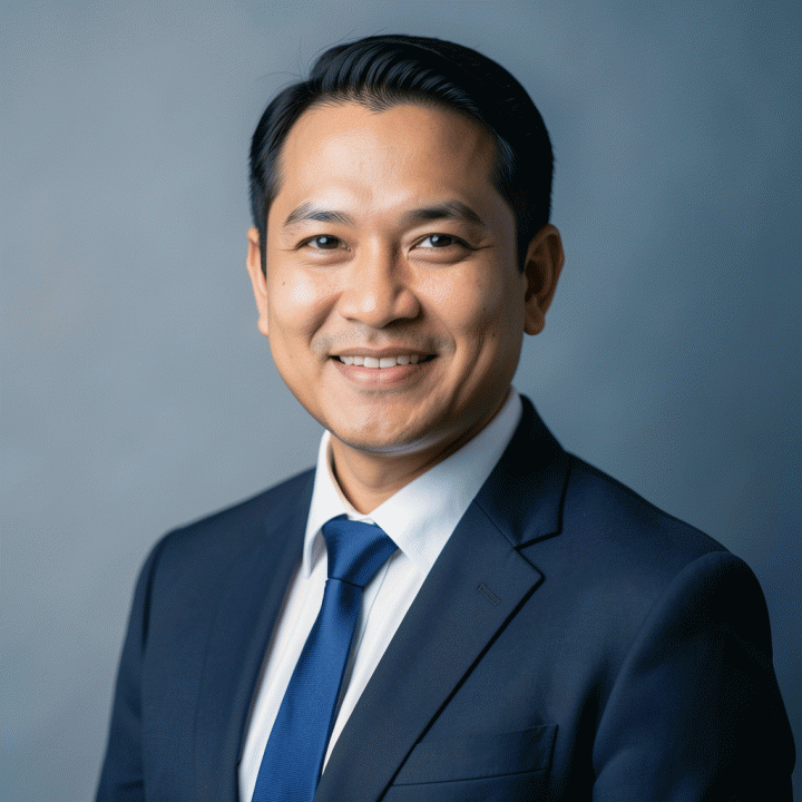Contoh foto profil profesional (headshot) untuk CV atau LinkedIn dengan latar belakang polos.