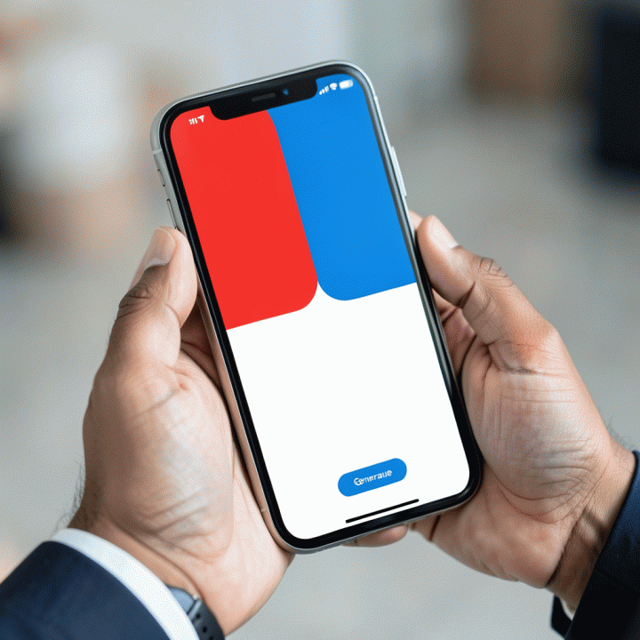 Tangan memegang smartphone yang menampilkan antarmuka AI untuk mengubah foto menjadi profesional dengan pilihan background warna.