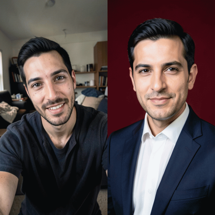 Perbandingan foto sebelum dan sesudah: dari selfie kasual menjadi foto profesional formal dengan background merah.