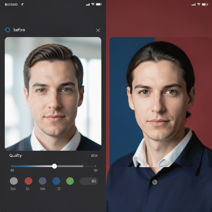 Visualisasi AI yang mengubah foto selfie biasa menjadi foto formal studio profesional.