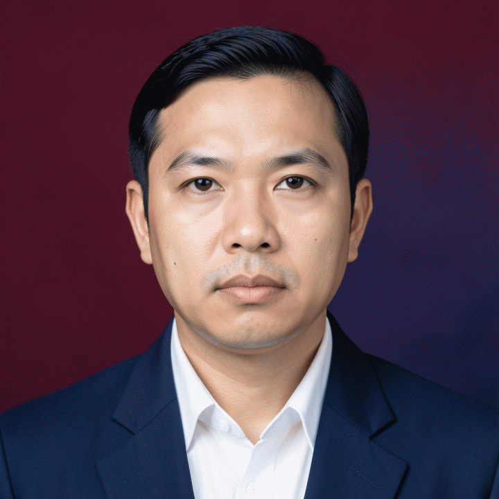 Foto potret close-up profesional standar dokumen pemerintah, latar belakang merah atau biru solid.