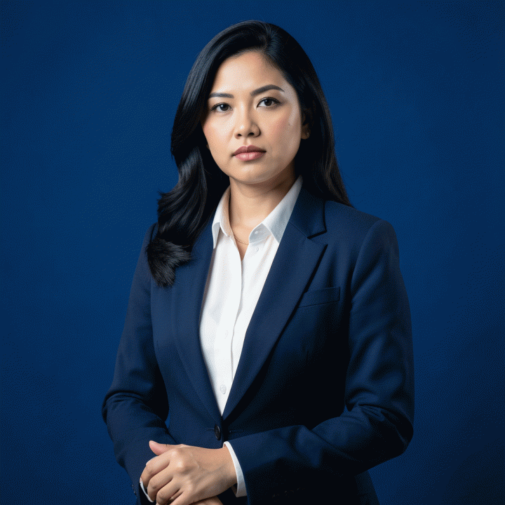 Foto profil dokumen formal ala pemerintah dengan latar belakang biru royal, menunjukkan profesionalisme wanita.