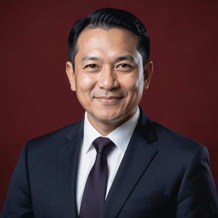 Foto profil dokumen formal ala pemerintah dengan latar belakang merah marun, menunjukkan profesionalisme.