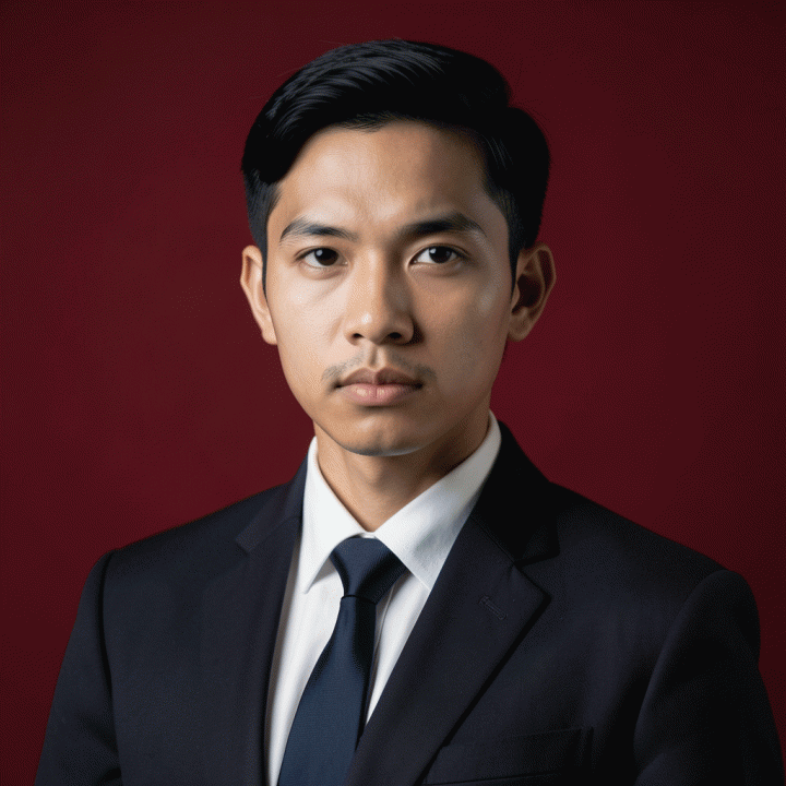 Foto potret profesional dengan latar belakang merah marun, standar untuk dokumen resmi.