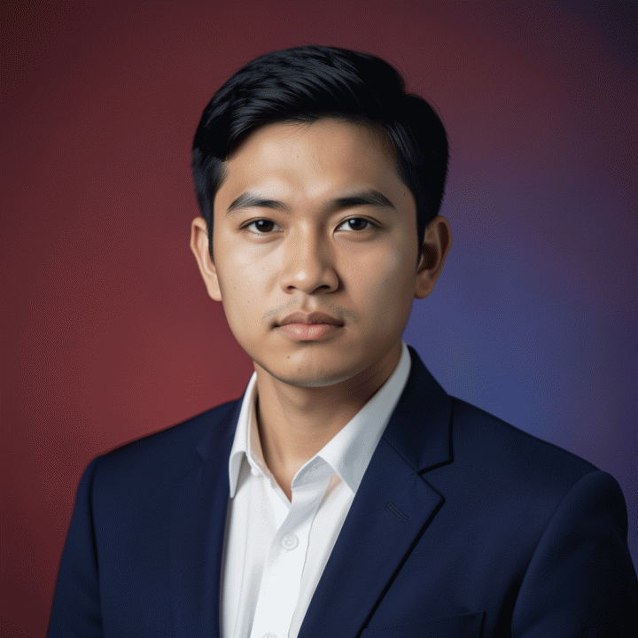 Foto potret profesional seorang pekerja muda Indonesia dengan latar belakang warna merah atau biru resmi, ideal untuk foto CV atau dokumen pemerintah.