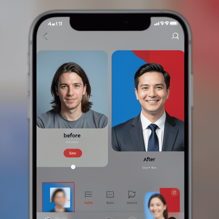 Tampilan antarmuka aplikasi di ponsel yang menunjukkan transformasi foto selfie biasa menjadi foto formal dengan latar belakang standar dokumen resmi.